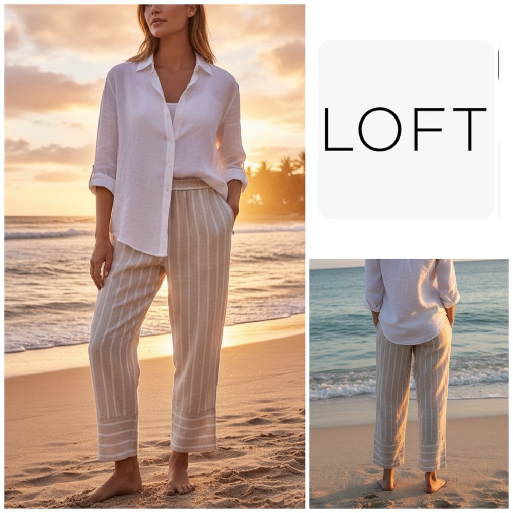LOFT Cream Striped Cropped Pants